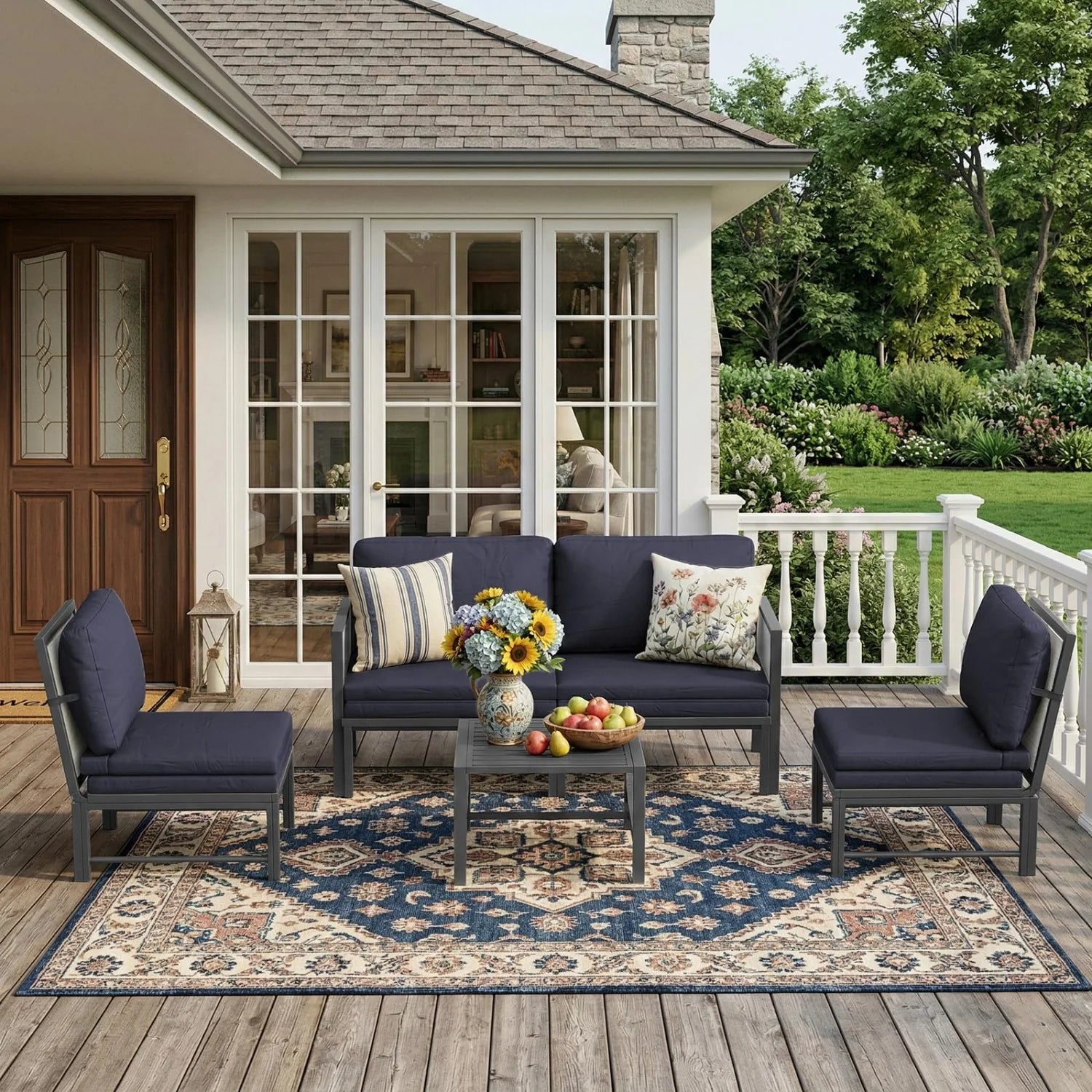 AECOJOY Aluminum Patio Furniture Set - 4 Seat Outdoor Sectional with Retractable Footrest Sofas & Coffee Table