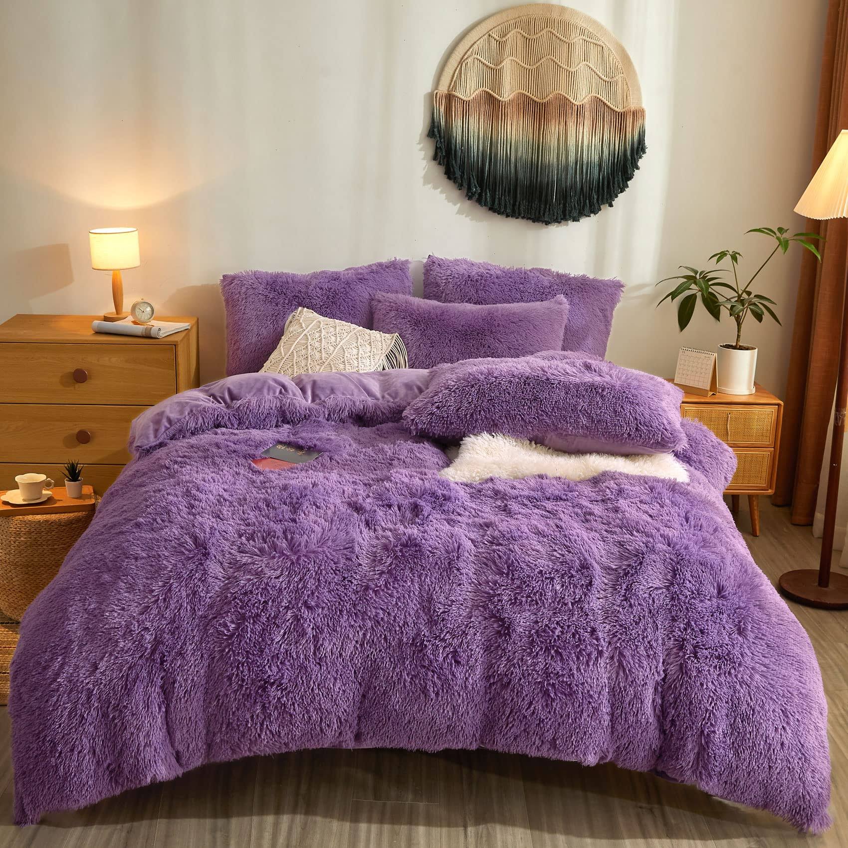 Fluffy Purple Comforter Cover Set Queen, Ultra Soft Shaggy Faux Fur Purple Duvet Cover Queen Fuzzy Bedding - Product image 1