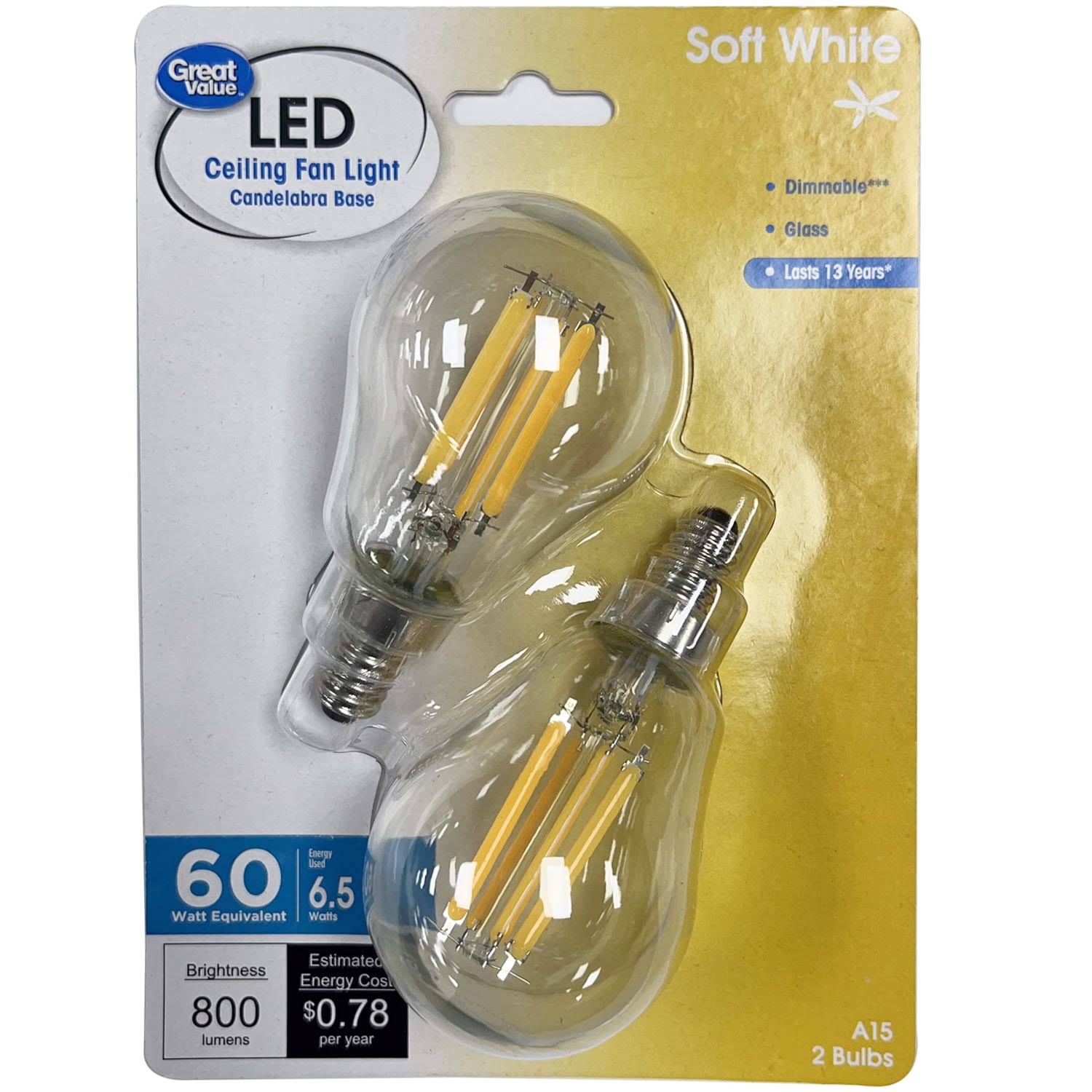 Great Value Multi-Use LED Light Bulbs, 60W, Soft White, 2 Count - Product image 1