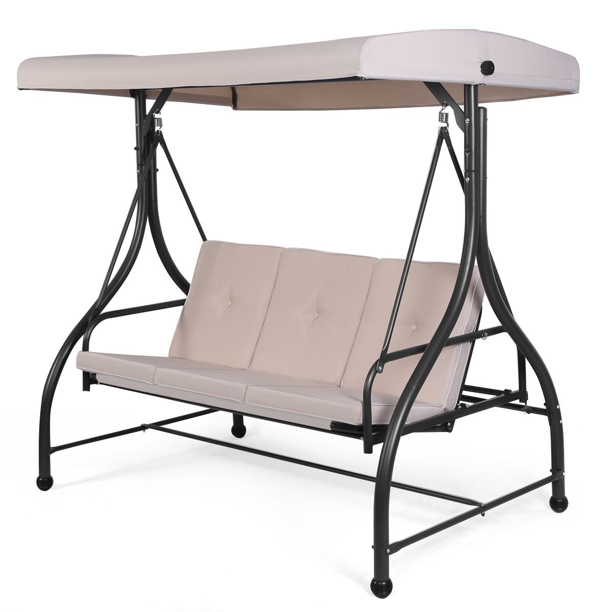 Convertible Outdoor Swing Chair Garden Porch with Cushioned Seats Adjustable Canopy and Coated Metal Frame 3-Seater Hammock Beige -