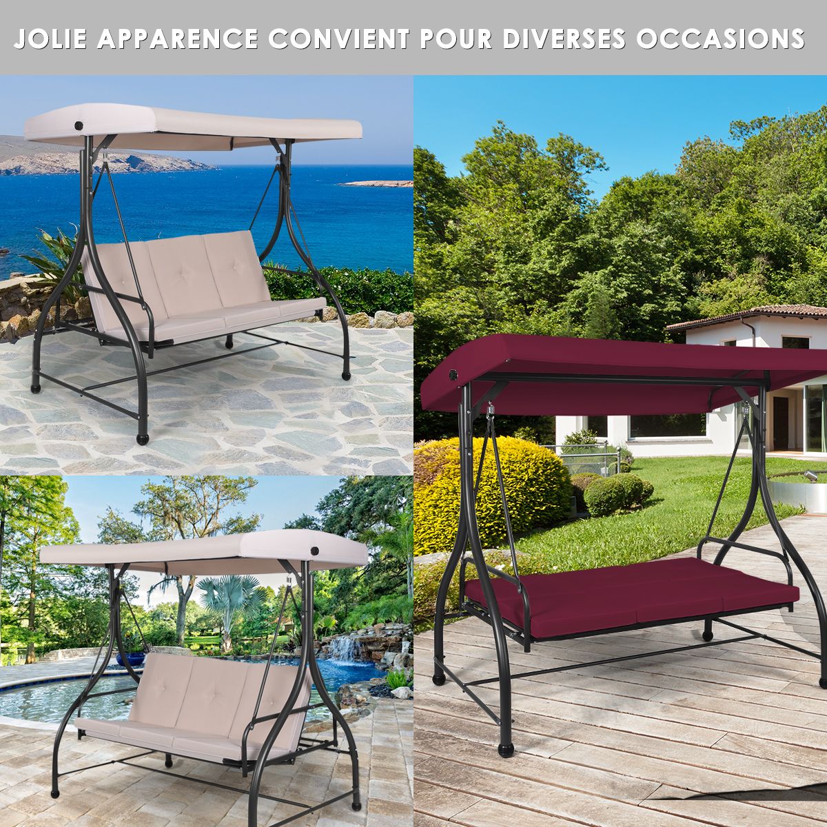 Convertible Outdoor Swing Chair Garden Porch with Cushioned Seats Adjustable Canopy and Coated Metal Frame 3-Seater Hammock Beige -