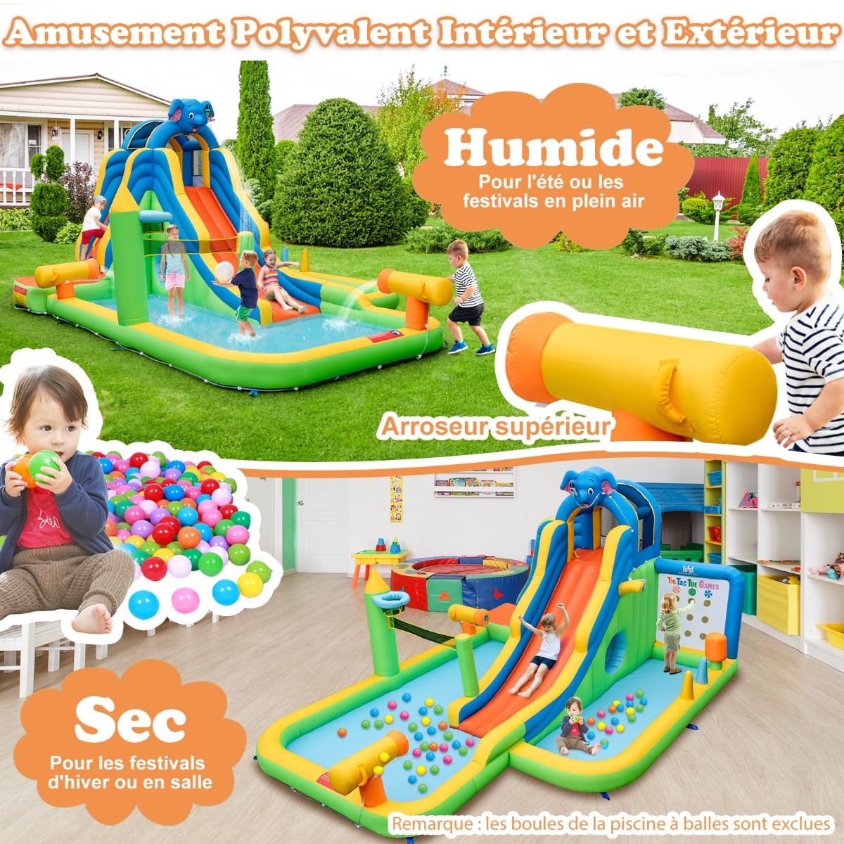 Giant Inflatable Water Slide for Kids Safe Splash Pool Climbing Wall Water Cannons Ring Toss Hoop (No Blower) Multicolor -