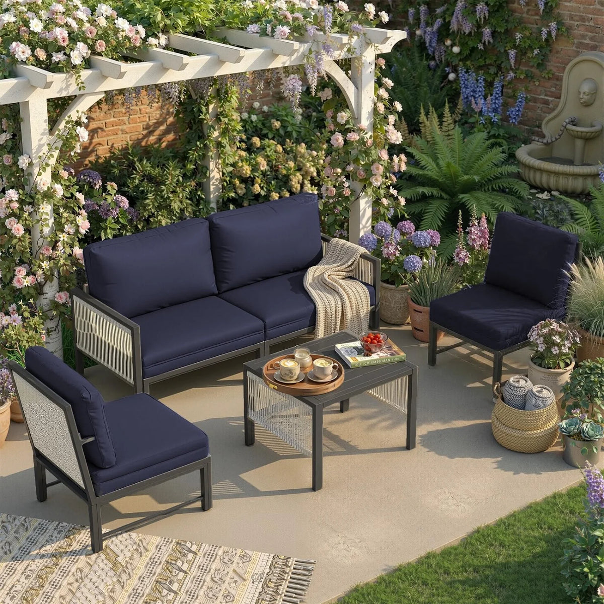 AECOJOY Aluminum Patio Furniture Set - 4 Seat Outdoor Sectional with Retractable Footrest Sofas & Coffee Table