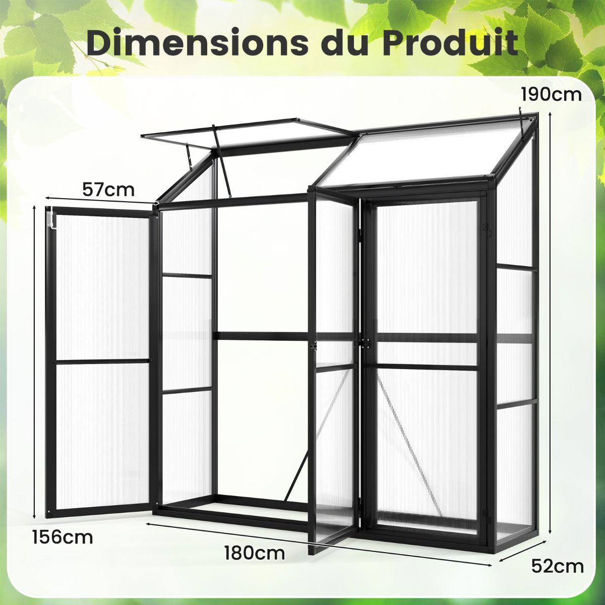 Outdoor Aluminum Garden Greenhouse Mini Walk-in Greenhouse with Skylight and 3 Closable Doors Sun-Resistant PC Plates Black -