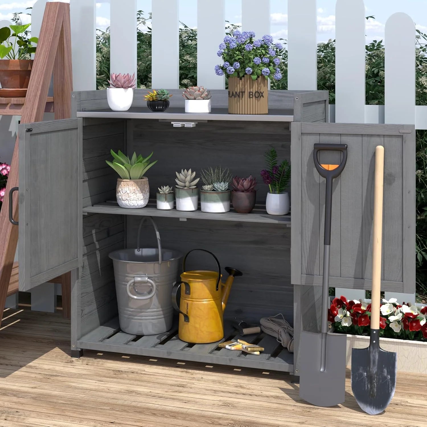 AECOJOY Potting Bench, Outdoor Wooden Storage Cabinet with Adjustable Shelf, Metal Tabletop - Product image 9