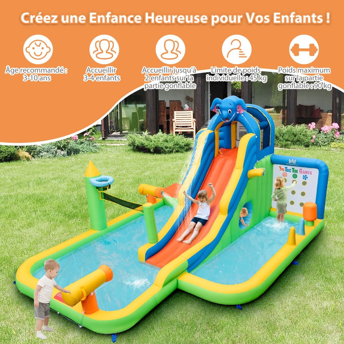 Giant Inflatable Water Slide for Kids Safe Splash Pool Climbing Wall Water Cannons Ring Toss Hoop (No Blower) Multicolor -