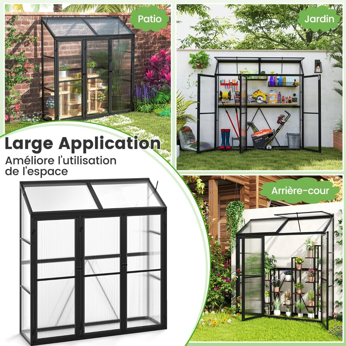 Outdoor Aluminum Garden Greenhouse Mini Walk-in Greenhouse with Skylight and 3 Closable Doors Sun-Resistant PC Plates Black -