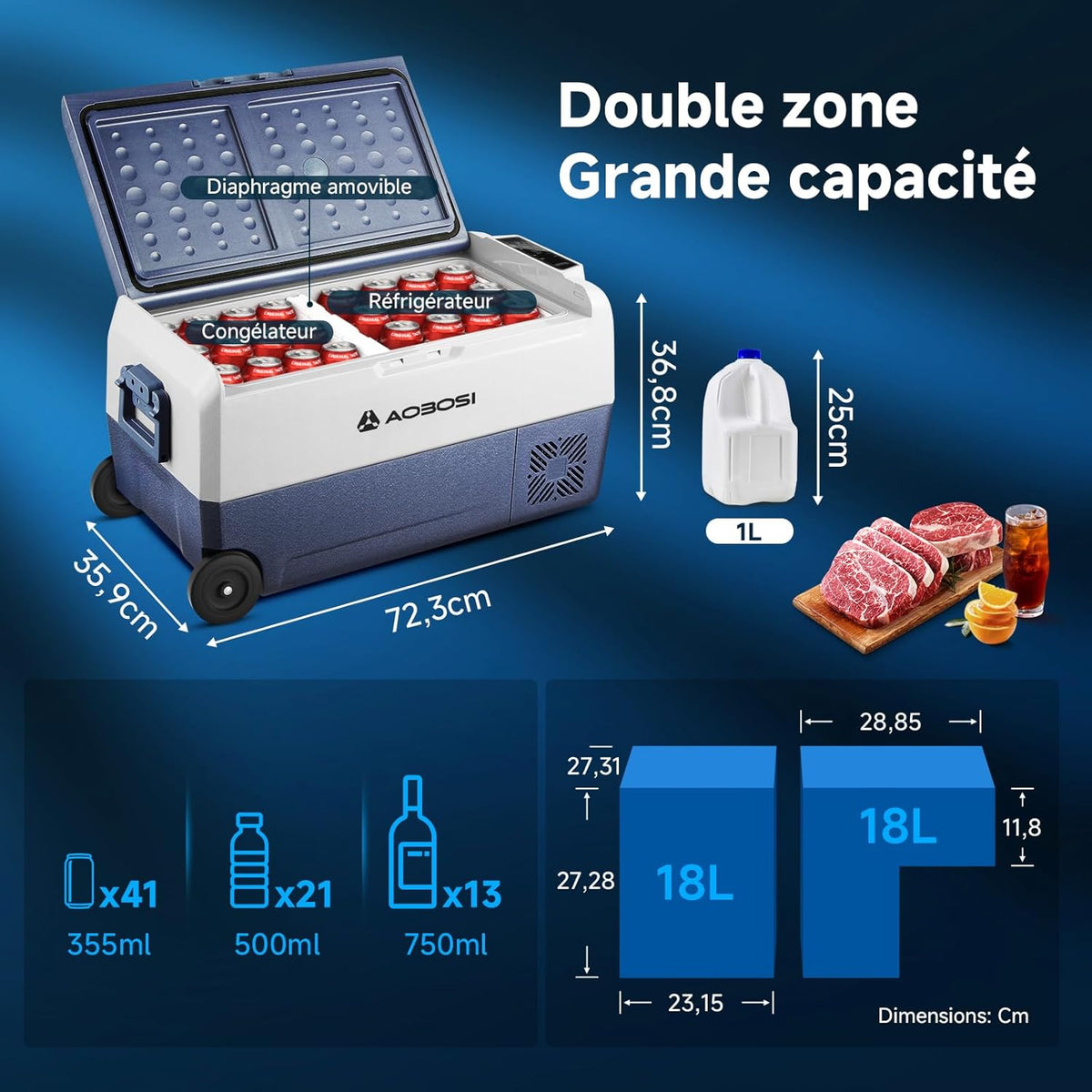 AAOBOSI Compression Cooler 36l, Double Zone Electric Cooler WiFi APP, 12 V/24 V and 100-240 V Camping Fridge, -20 ℃ to 20 ℃, for Car, Truck, Boat, Camping, Car, Caravans, Traveling, Home