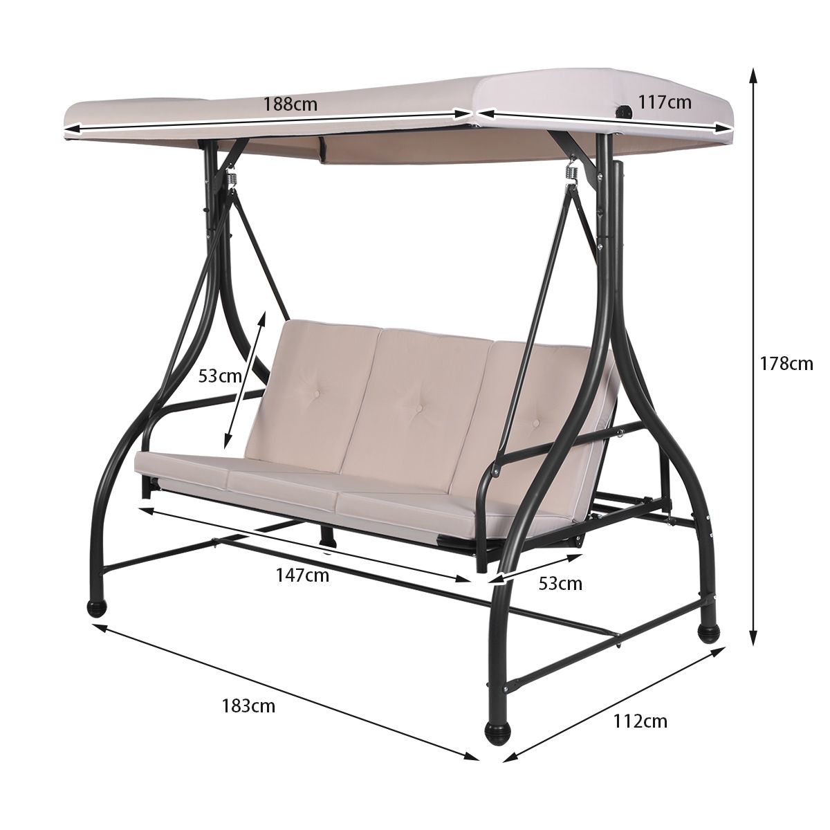 Convertible Outdoor Swing Chair Garden Porch with Cushioned Seats Adjustable Canopy and Coated Metal Frame 3-Seater Hammock Beige -
