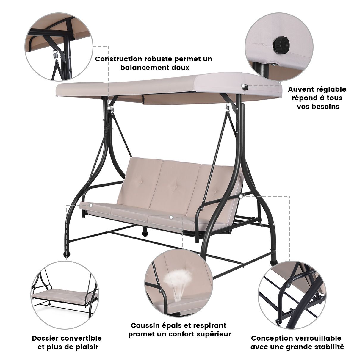 Convertible Outdoor Swing Chair Garden Porch with Cushioned Seats Adjustable Canopy and Coated Metal Frame 3-Seater Hammock Beige -