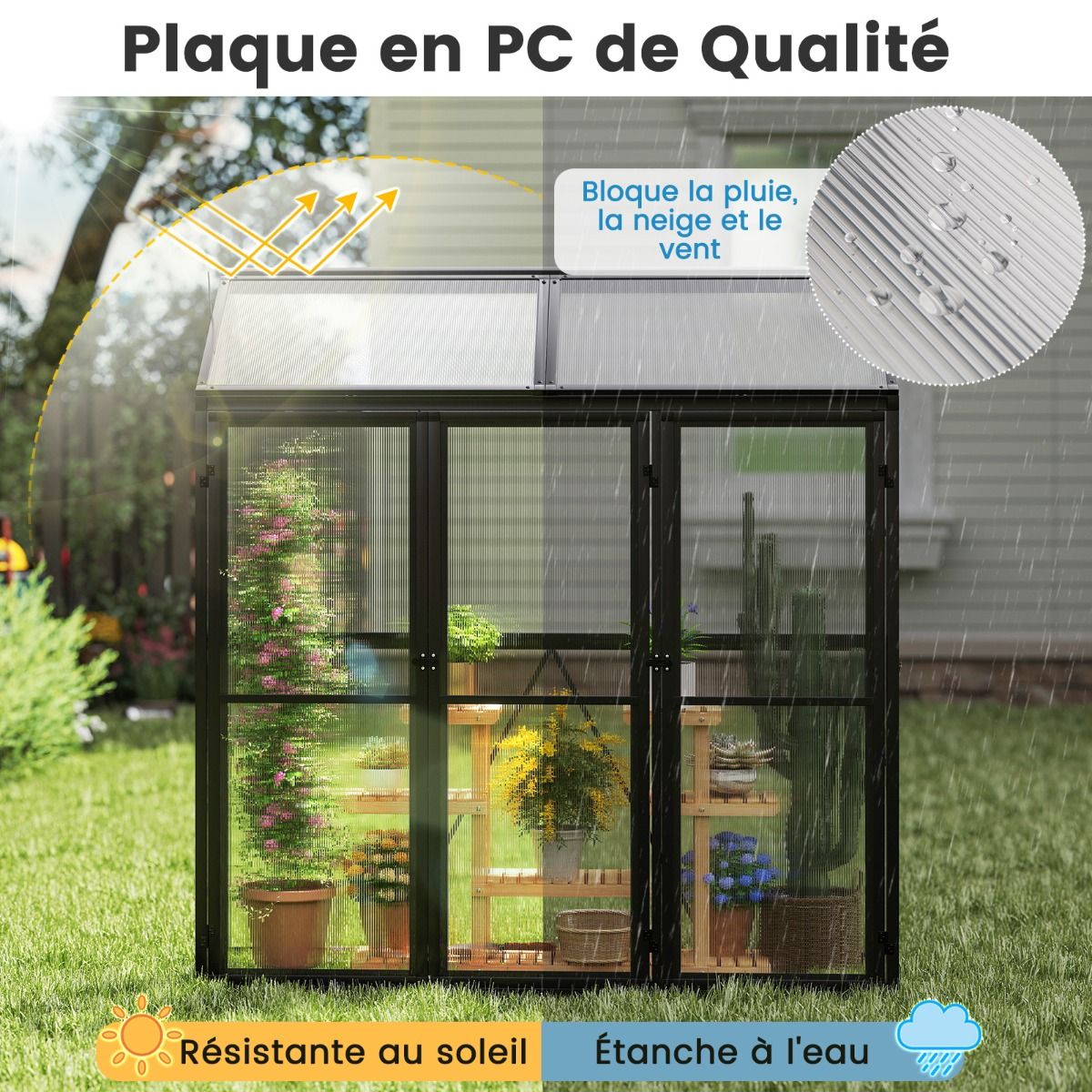 Outdoor Aluminum Garden Greenhouse Mini Walk-in Greenhouse with Skylight and 3 Closable Doors Sun-Resistant PC Plates Black -