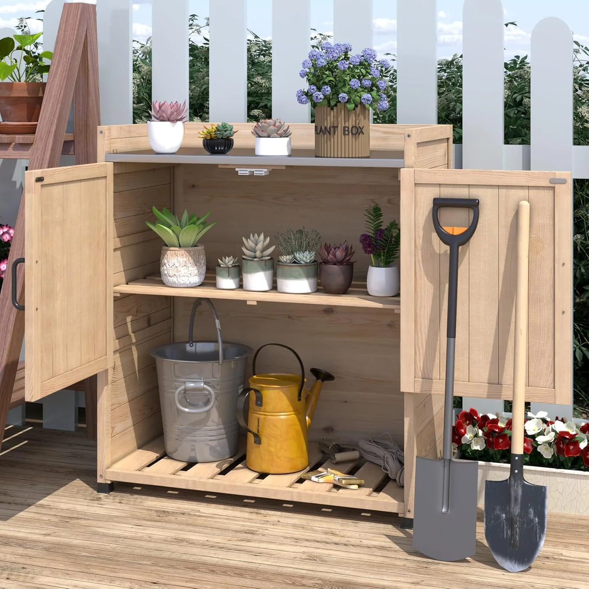 AECOJOY Potting Bench, Outdoor Wooden Storage Cabinet with Adjustable Shelf, Metal Tabletop - Product image 2