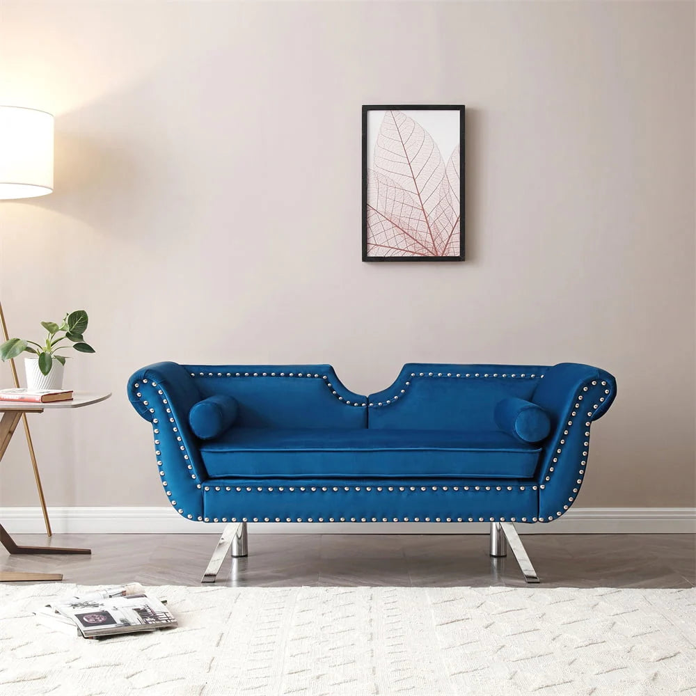 Mid Century Couch, 61 in Velvet Loveseat with 2 Pillows, Upholstered Sofa with Nailhead Trim and Roll Arm - Product image 1