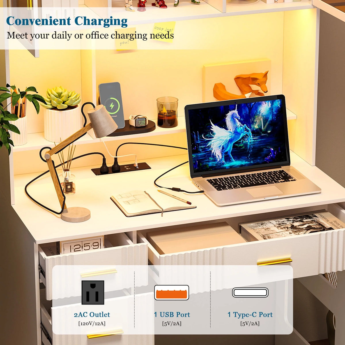 HNEBC LED Study Desk with Hutch and Drawer, Home Office Desk with Outlet - Product image 5
