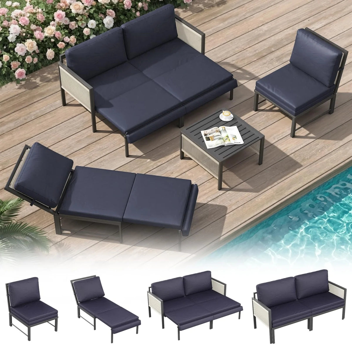 AECOJOY Aluminum Patio Furniture Set - 4 Seat Outdoor Sectional with Retractable Footrest Sofas & Coffee Table