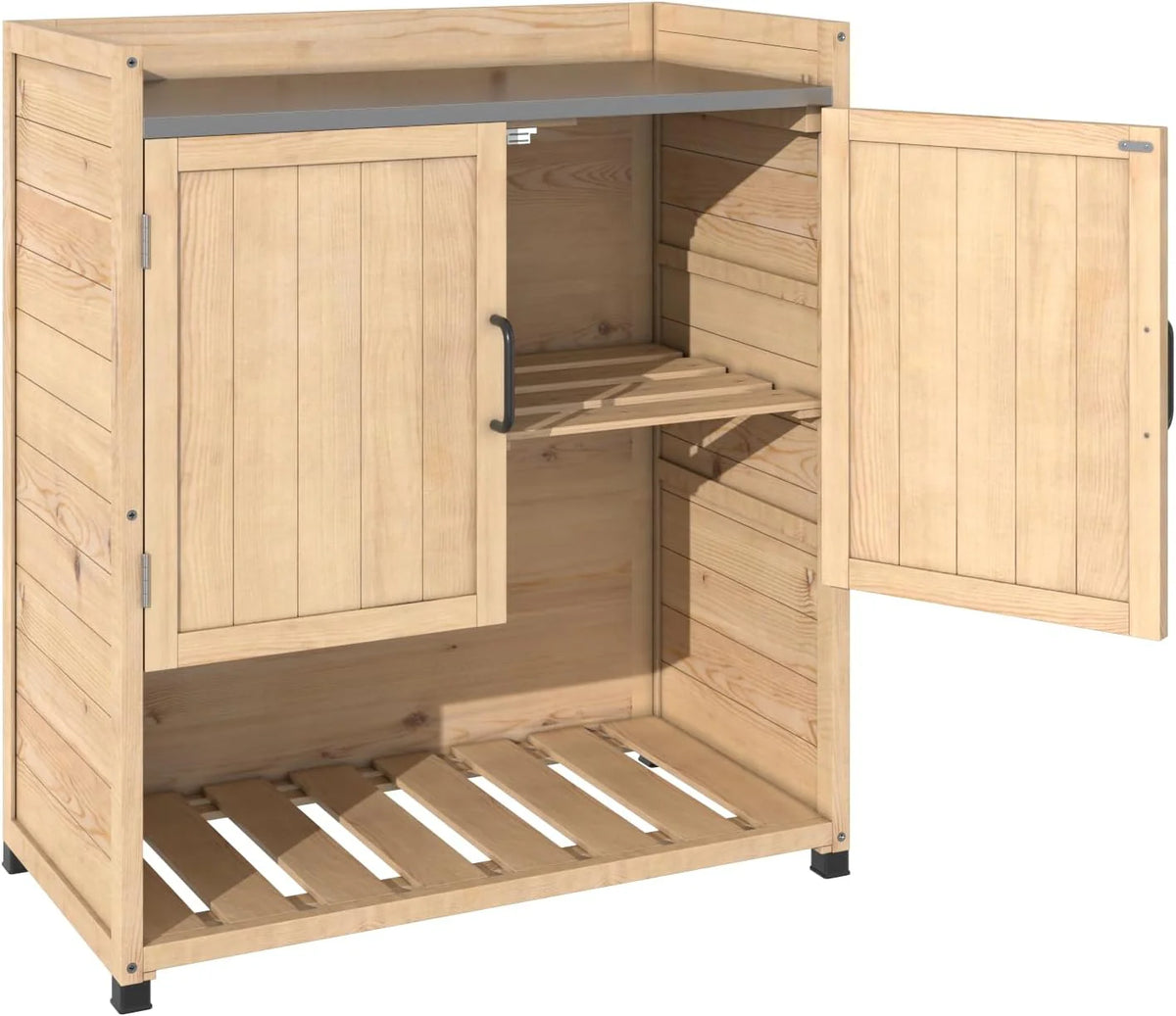 AECOJOY Potting Bench, Outdoor Wooden Storage Cabinet with Adjustable Shelf, Metal Tabletop - Product image 1