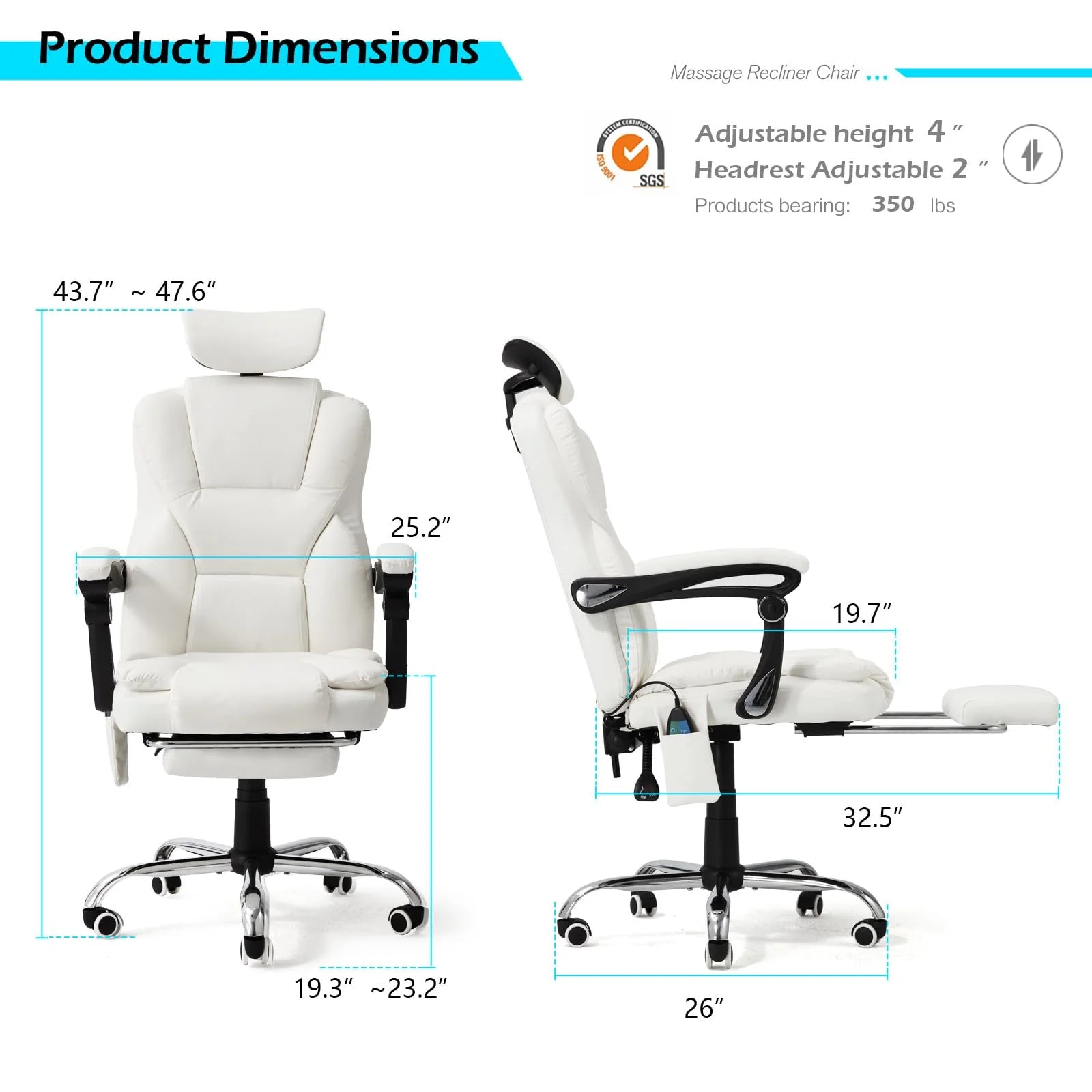 AECOJOY Office Chair with 7 Points Vibration Massage&Heat, Adjustable Ergonomic Recliner, Cream White - Product image 3