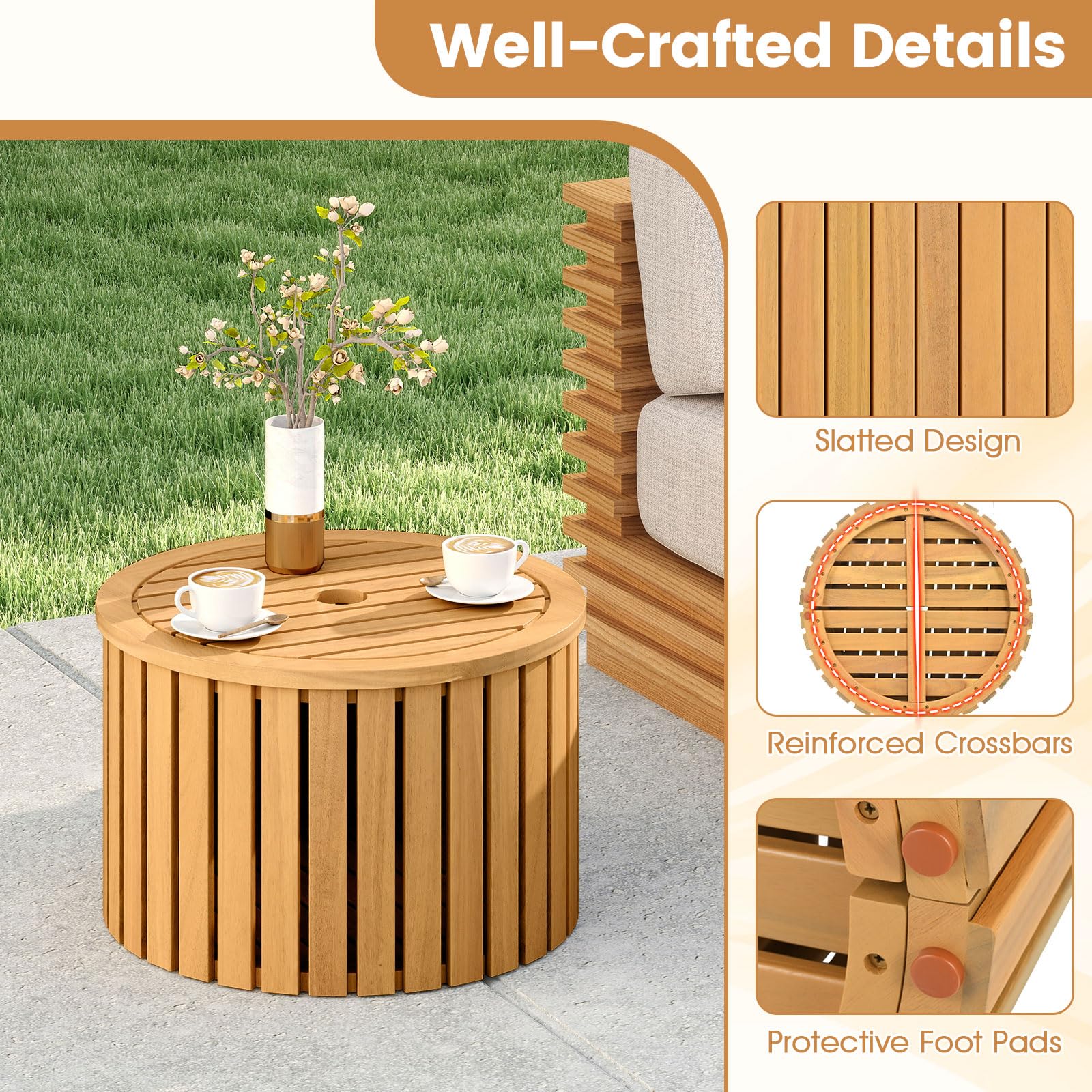 2-in-1 Outdoor Side Table with Storage Acacia Wood Slatted Coffee Table Round Slatted End Storage Box - Product image 6