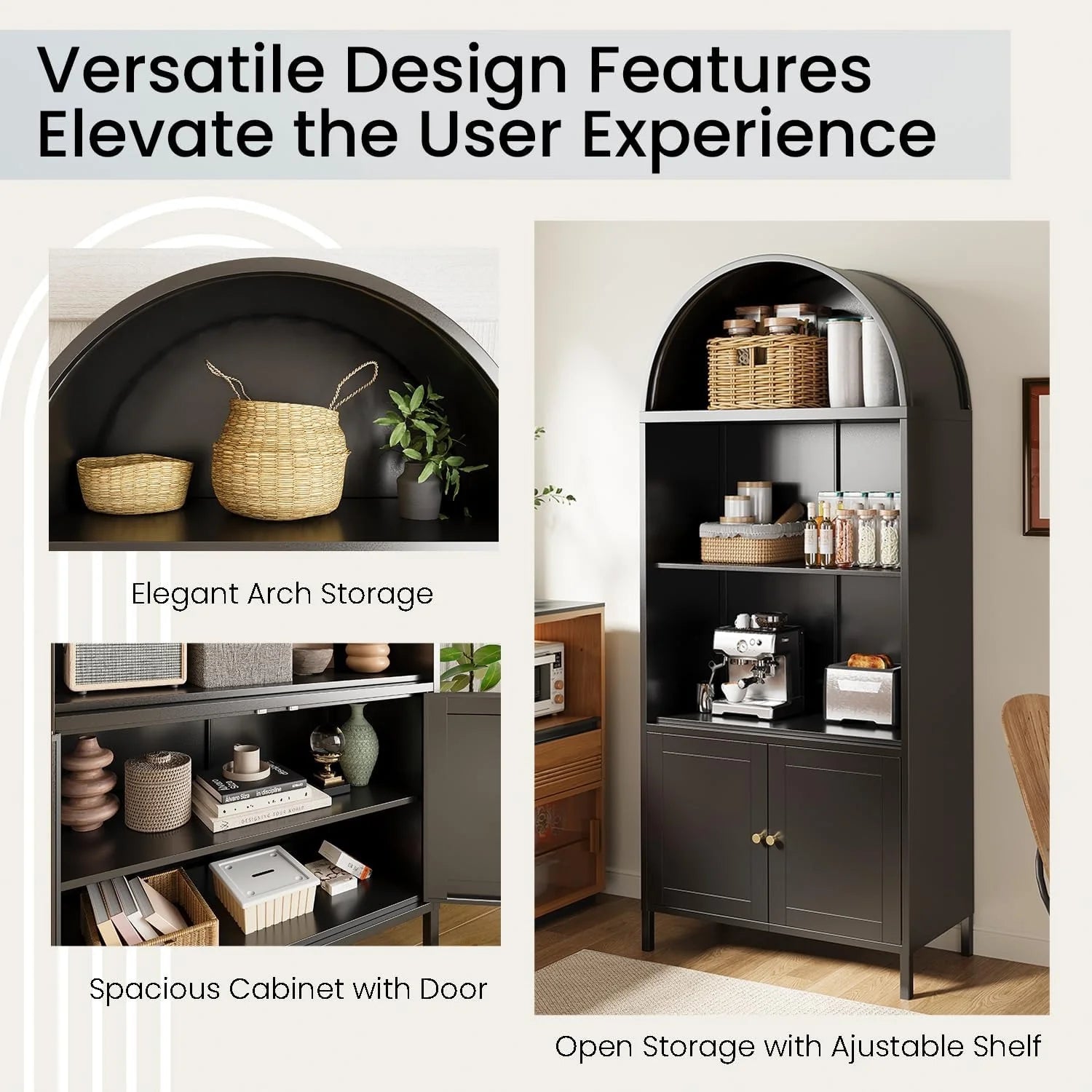 AECOJOY 73'' Arched Cabinet, Metal Kitchen Pantry with Adjustable Shelves, Modern Arched Storage Bookcase Display Cabinet