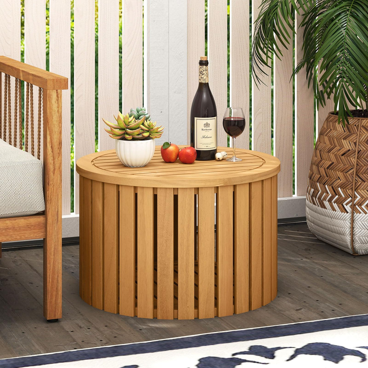 2-in-1 Outdoor Side Table with Storage Acacia Wood Slatted Coffee Table Round Slatted End Storage Box - Product image 2