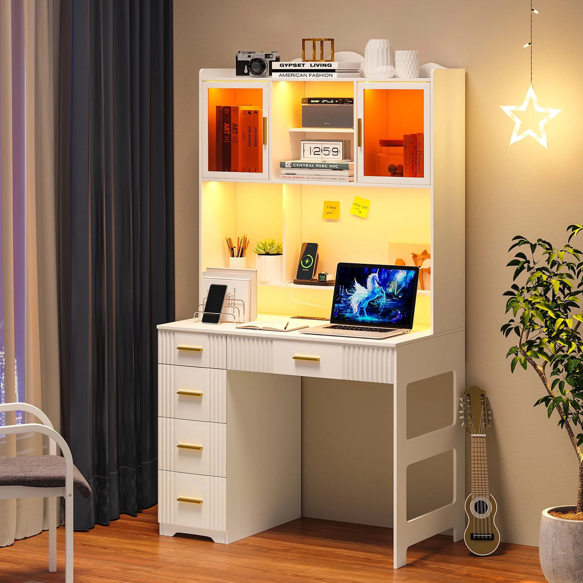 HNEBC LED Study Desk with Hutch and Drawer, Home Office Desk with Outlet - Product image 8