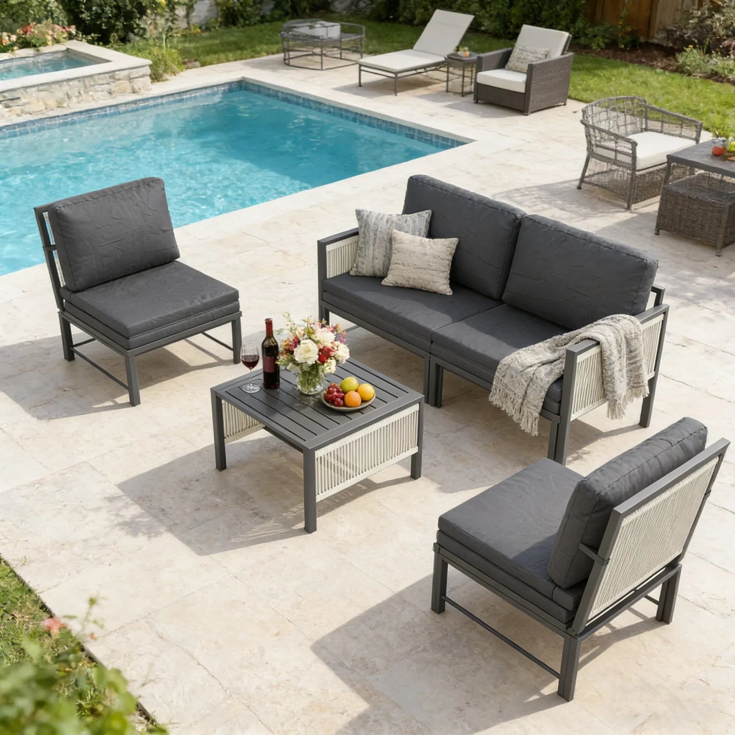 AECOJOY Aluminum Patio Furniture Set - 4 Seat Outdoor Sectional with Retractable Footrest Sofas & Coffee Table